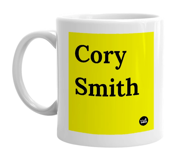 White mug with 'Cory Smith' in bold black letters