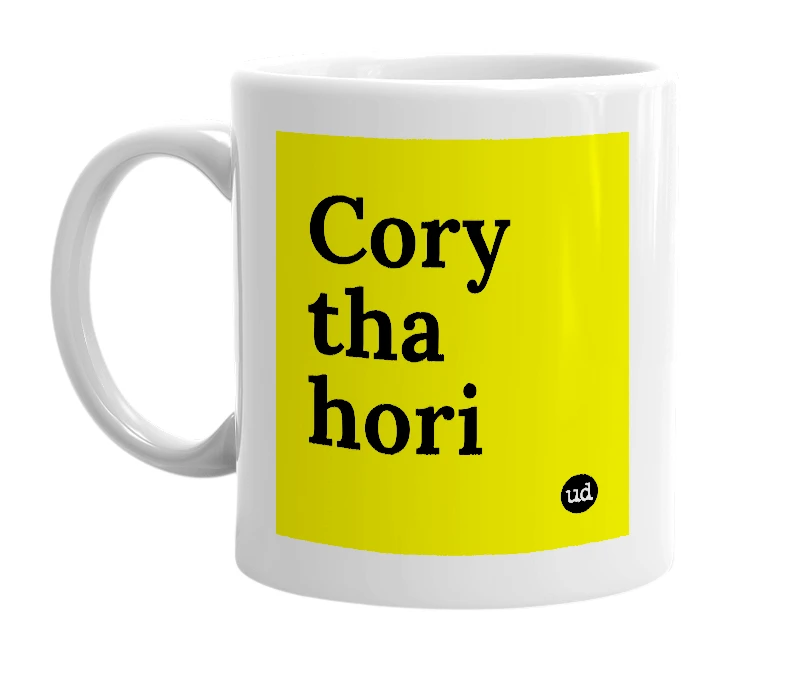 White mug with 'Cory tha hori' in bold black letters