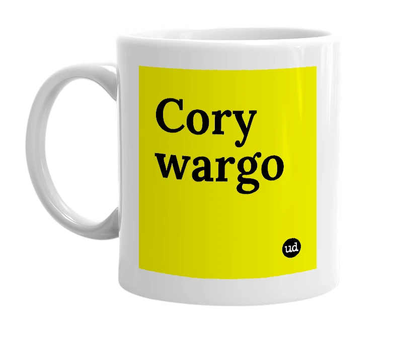 White mug with 'Cory wargo' in bold black letters