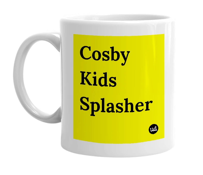 White mug with 'Cosby Kids Splasher' in bold black letters