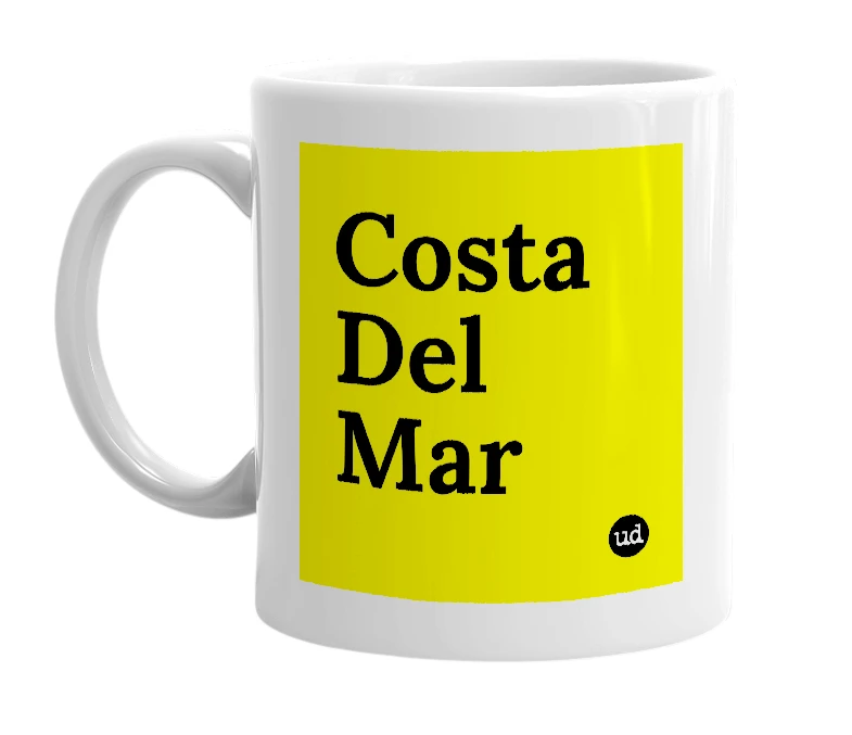 White mug with 'Costa Del Mar' in bold black letters