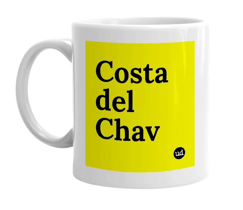 White mug with 'Costa del Chav' in bold black letters
