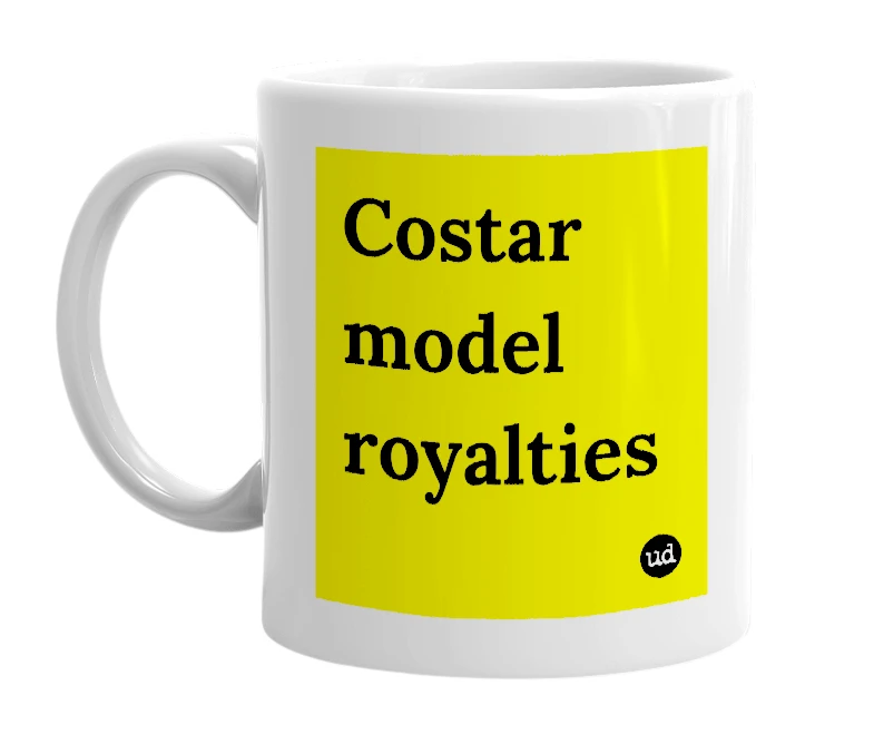 White mug with 'Costar model royalties' in bold black letters