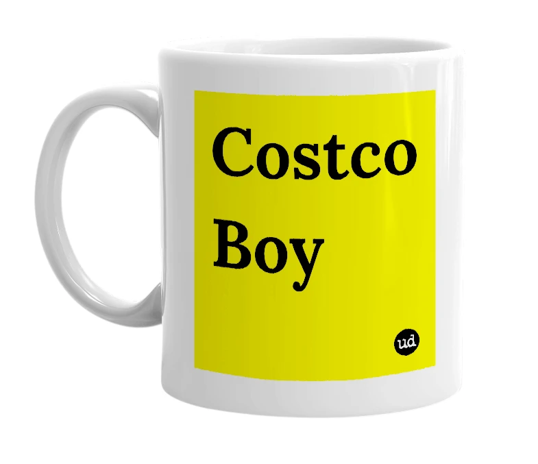 White mug with 'Costco Boy' in bold black letters