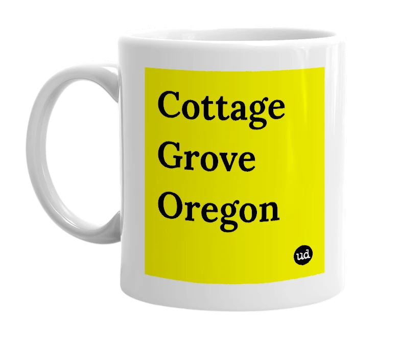 White mug with 'Cottage Grove Oregon' in bold black letters