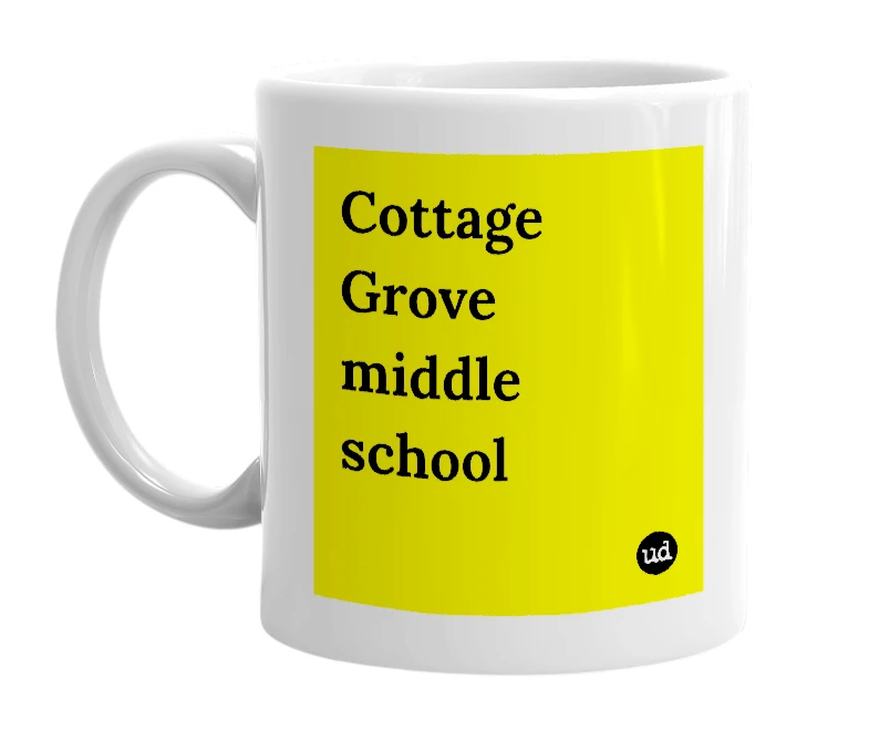 White mug with 'Cottage Grove middle school' in bold black letters