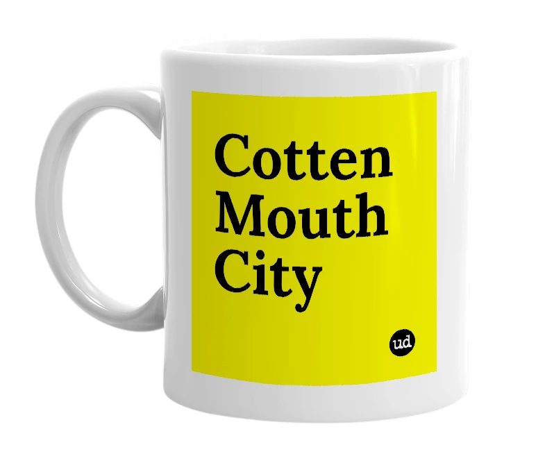 White mug with 'Cotten Mouth City' in bold black letters