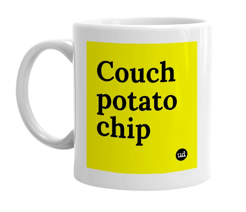 White mug with 'Couch potato chip' in bold black letters