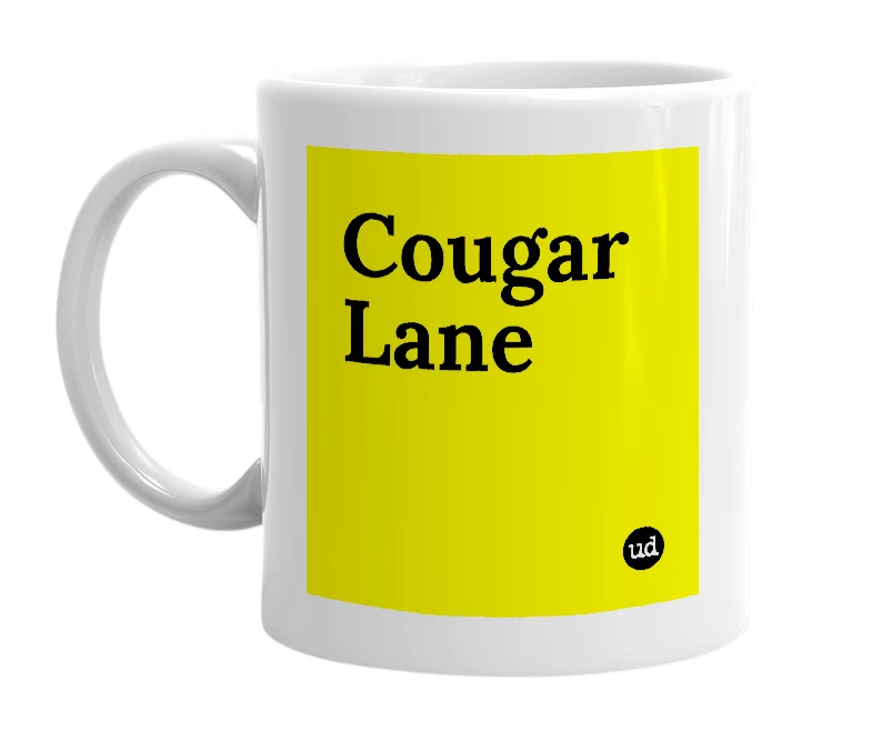 White mug with 'Cougar Lane' in bold black letters