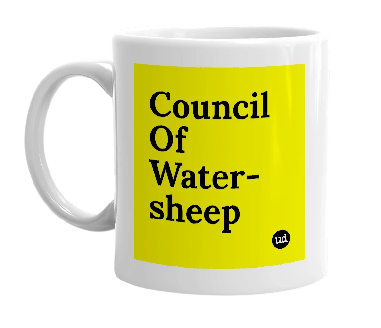 White mug with 'Council Of Water-sheep' in bold black letters