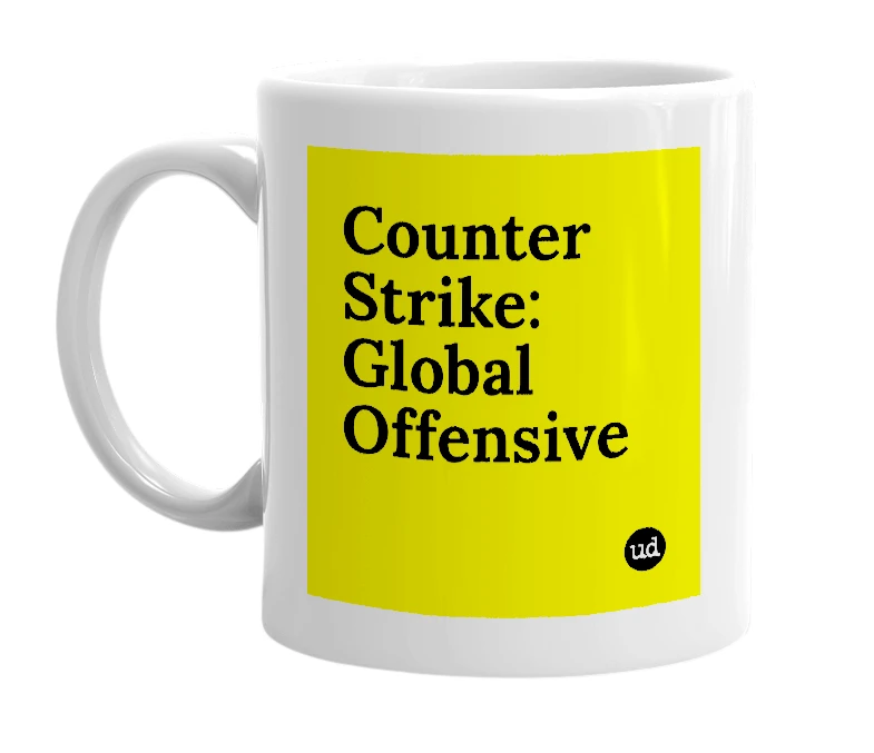 White mug with 'Counter Strike: Global Offensive' in bold black letters