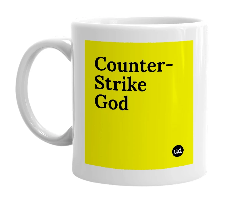 White mug with 'Counter-Strike God' in bold black letters