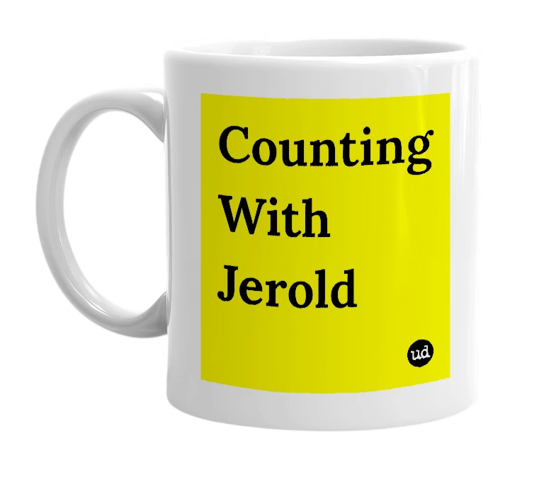 White mug with 'Counting With Jerold' in bold black letters