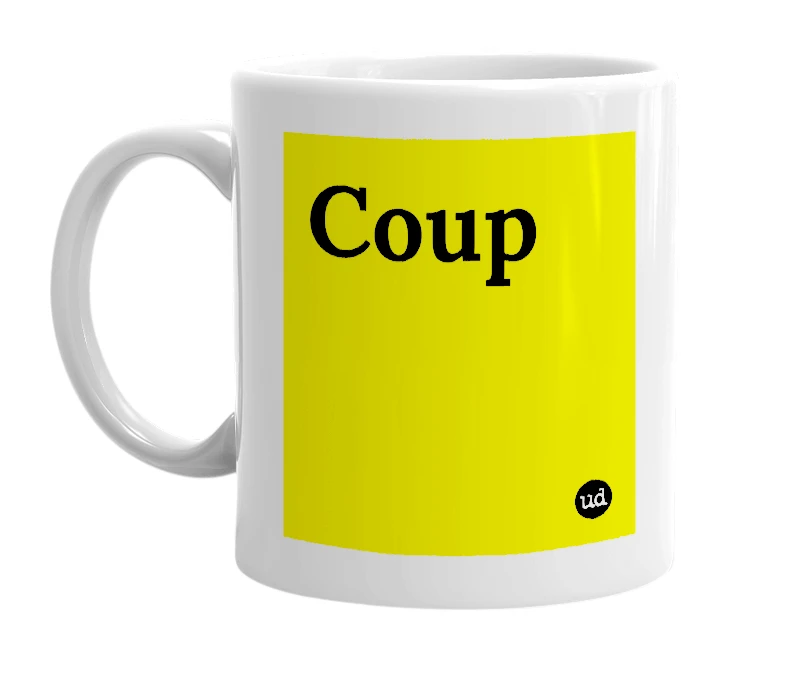 White mug with 'Coup' in bold black letters