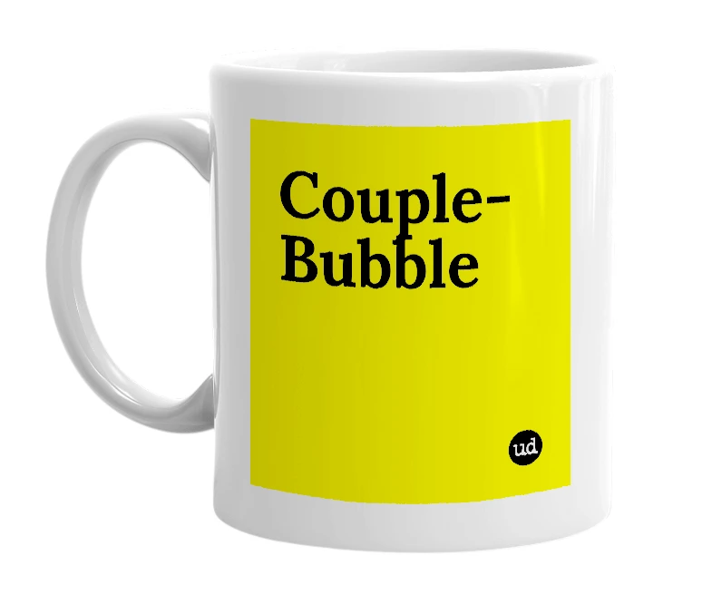 White mug with 'Couple-Bubble' in bold black letters