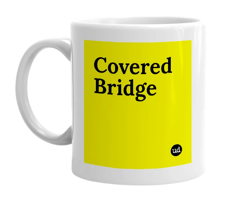 White mug with 'Covered Bridge' in bold black letters