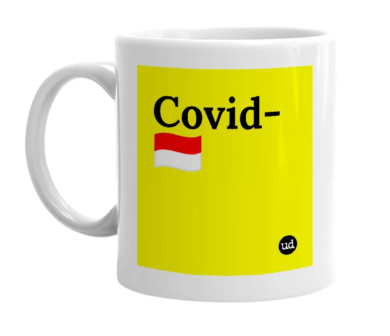 White mug with 'Covid-🇮🇩' in bold black letters