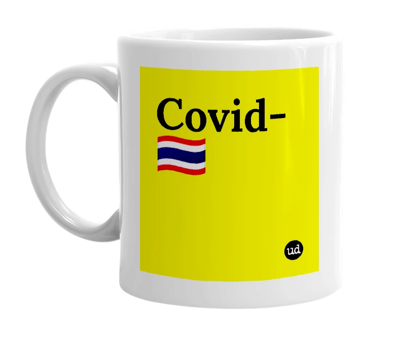 White mug with 'Covid-🇹🇭' in bold black letters