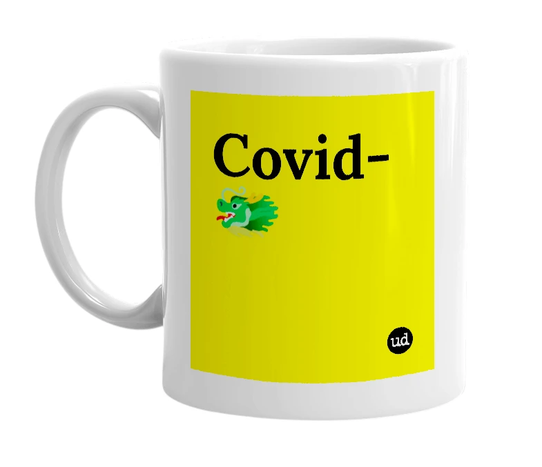 White mug with 'Covid-🐲' in bold black letters