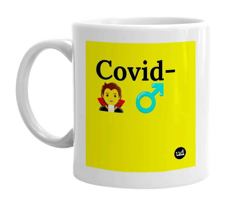 White mug with 'Covid-🧛 ♂️' in bold black letters