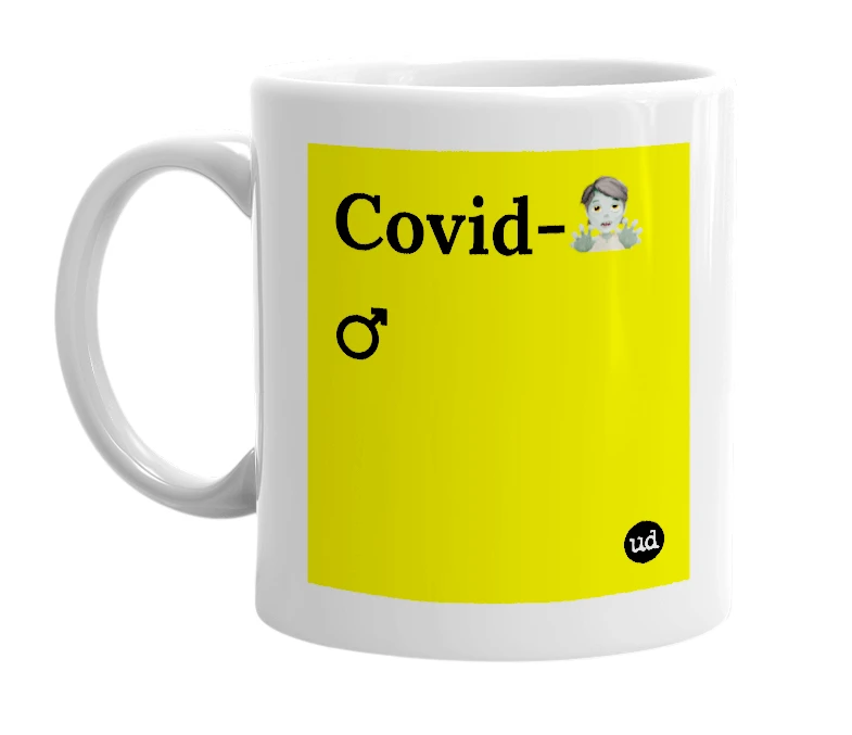 White mug with 'Covid-🧟 ♂️' in bold black letters