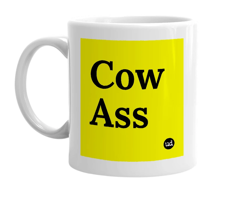 White mug with 'Cow Ass' in bold black letters