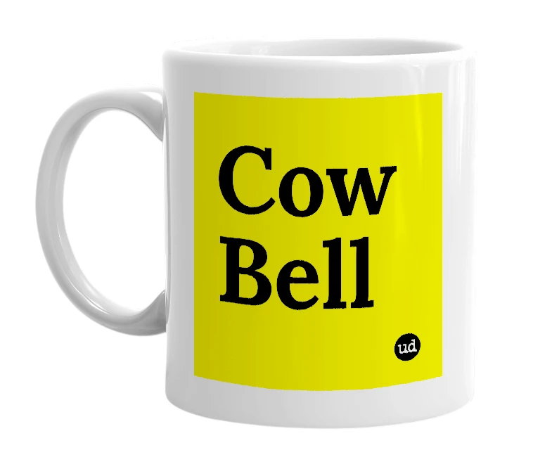 White mug with 'Cow Bell' in bold black letters