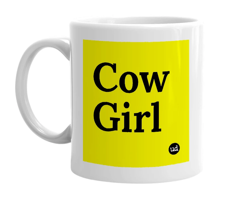White mug with 'Cow Girl' in bold black letters