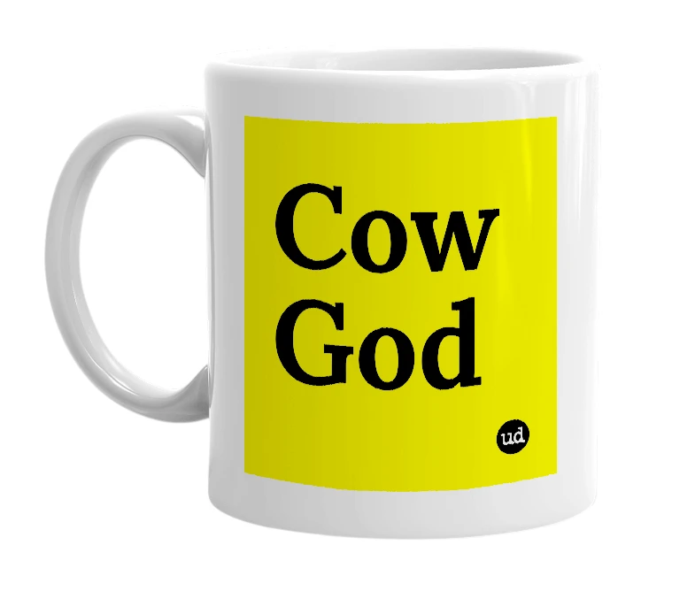 White mug with 'Cow God' in bold black letters