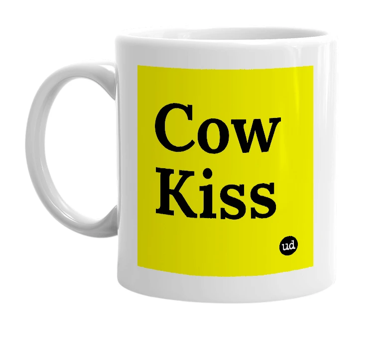 White mug with 'Cow Kiss' in bold black letters