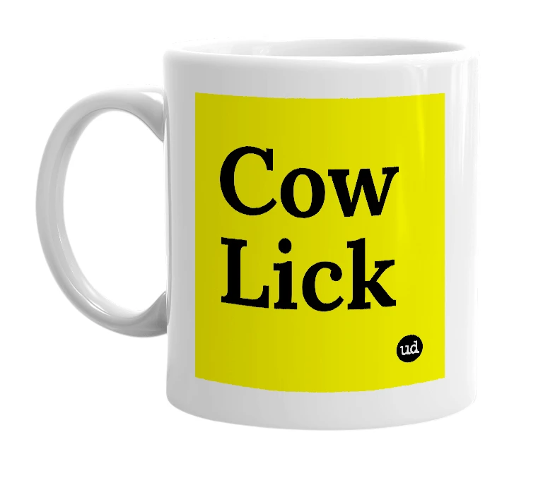 White mug with 'Cow Lick' in bold black letters