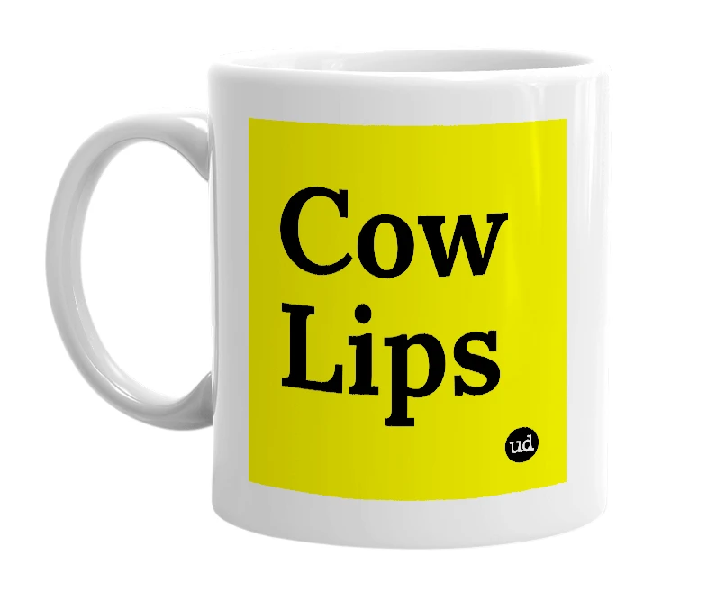 White mug with 'Cow Lips' in bold black letters