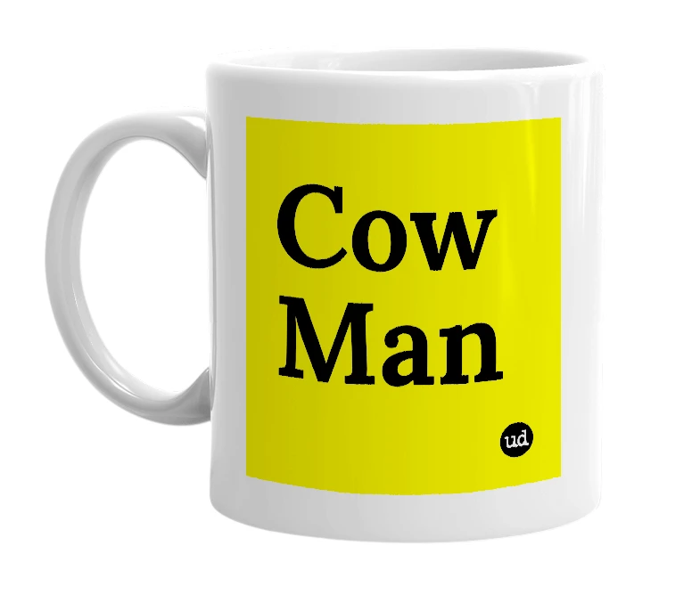 White mug with 'Cow Man' in bold black letters