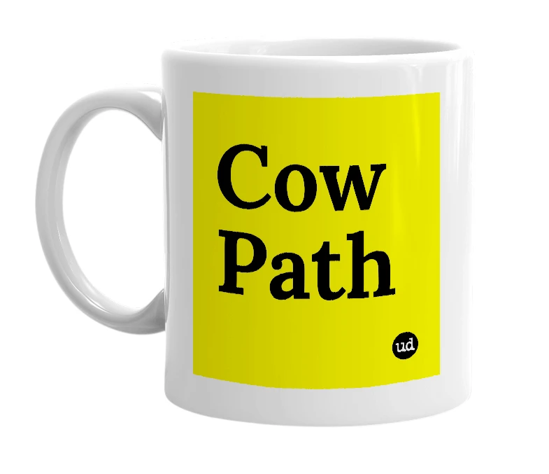 White mug with 'Cow Path' in bold black letters