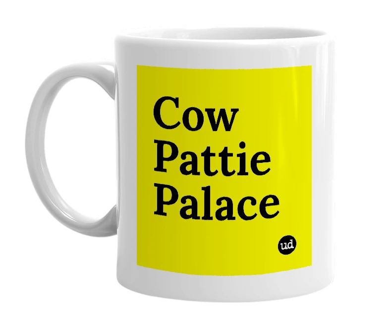 White mug with 'Cow Pattie Palace' in bold black letters