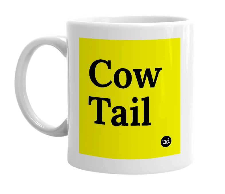 White mug with 'Cow Tail' in bold black letters