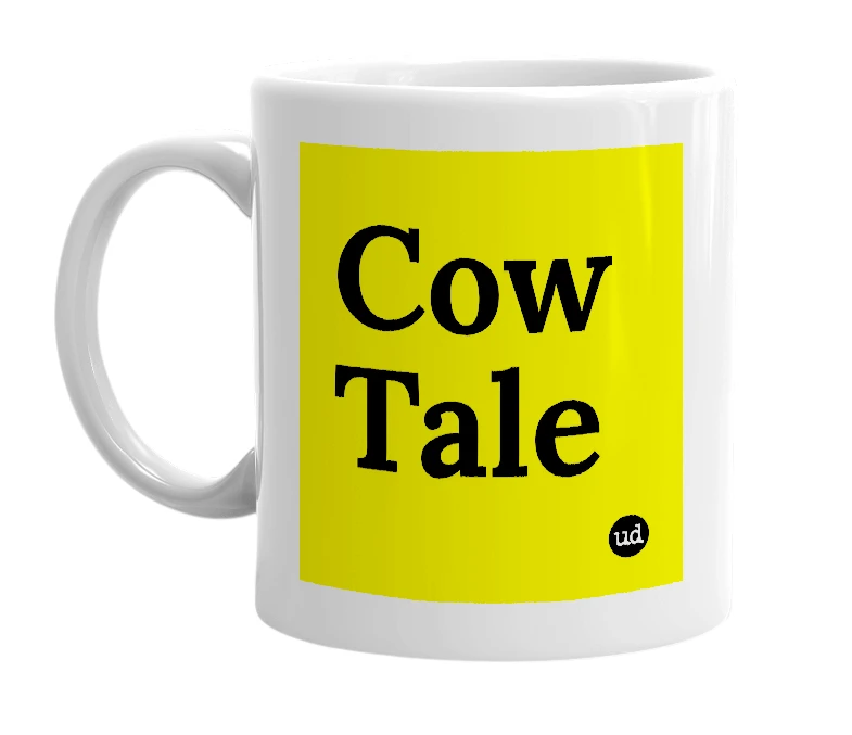 White mug with 'Cow Tale' in bold black letters