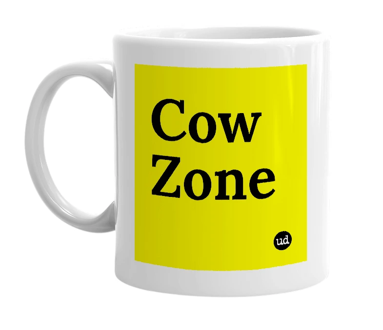 White mug with 'Cow Zone' in bold black letters