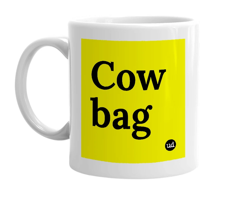 White mug with 'Cow bag' in bold black letters