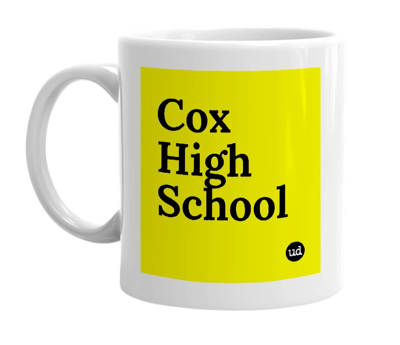White mug with 'Cox High School' in bold black letters