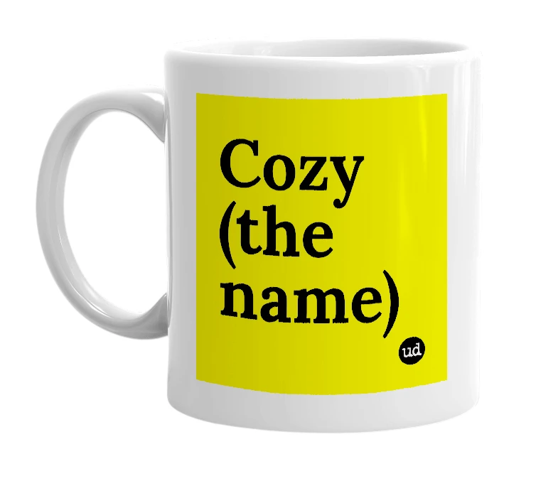White mug with 'Cozy (the name)' in bold black letters