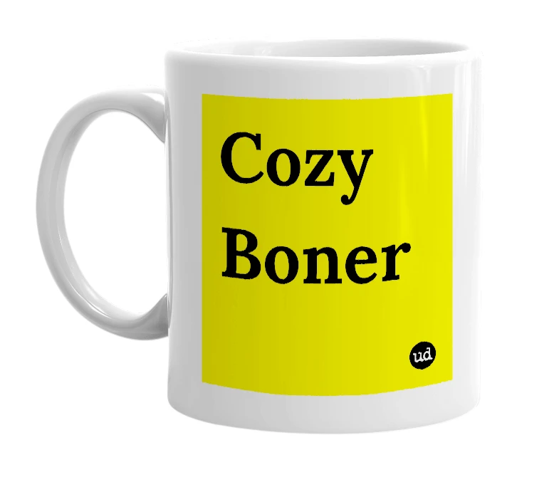 White mug with 'Cozy Boner' in bold black letters