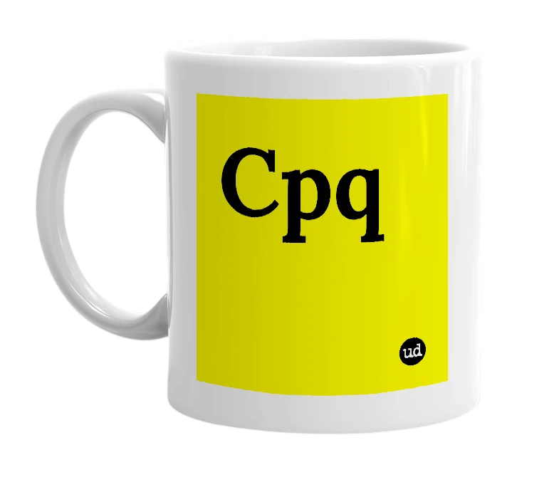 White mug with 'Cpq' in bold black letters