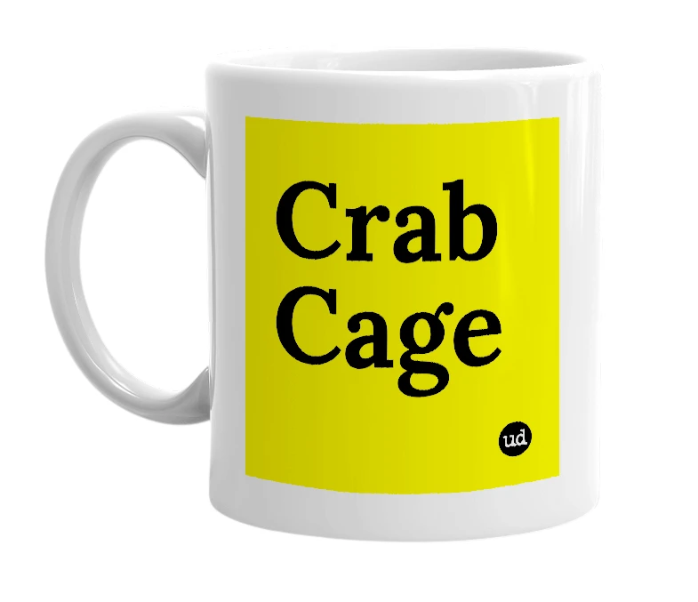 White mug with 'Crab Cage' in bold black letters