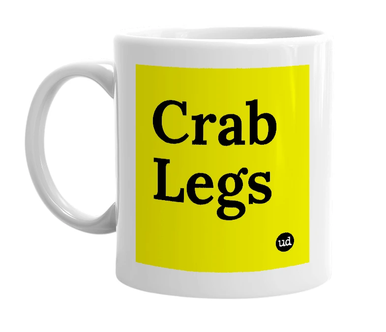 White mug with 'Crab Legs' in bold black letters