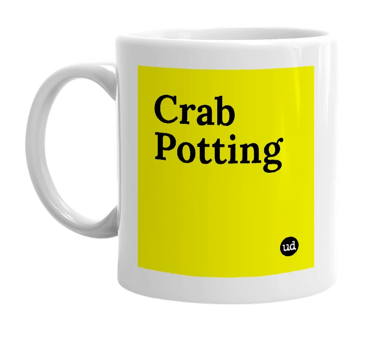 White mug with 'Crab Potting' in bold black letters