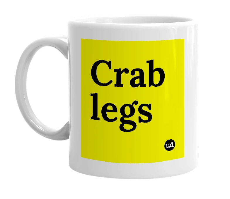 White mug with 'Crab legs' in bold black letters
