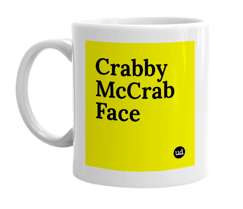 White mug with 'Crabby McCrab Face' in bold black letters