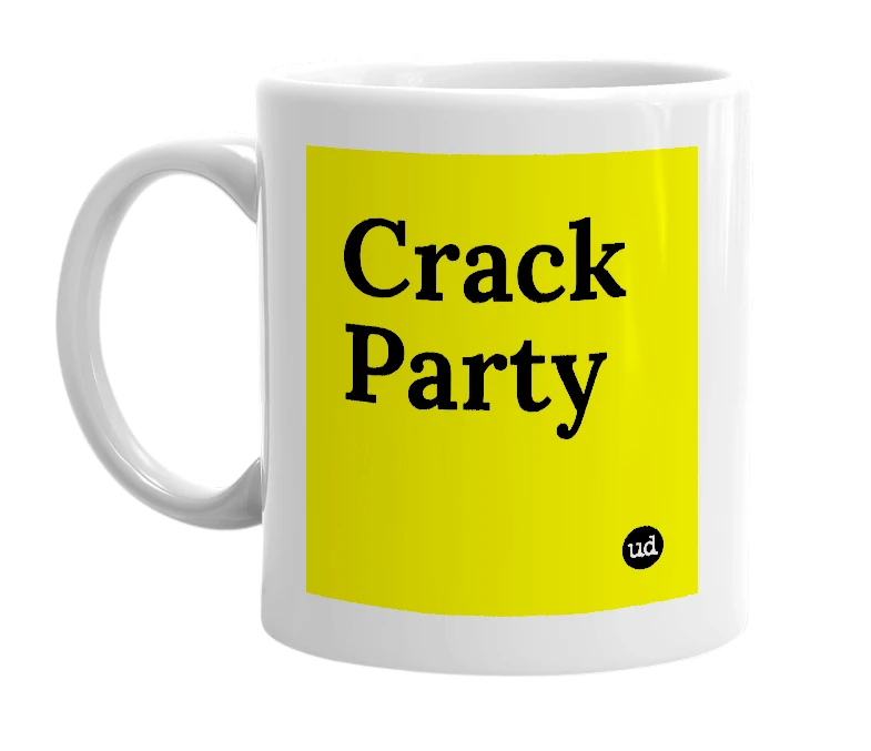 White mug with 'Crack Party' in bold black letters