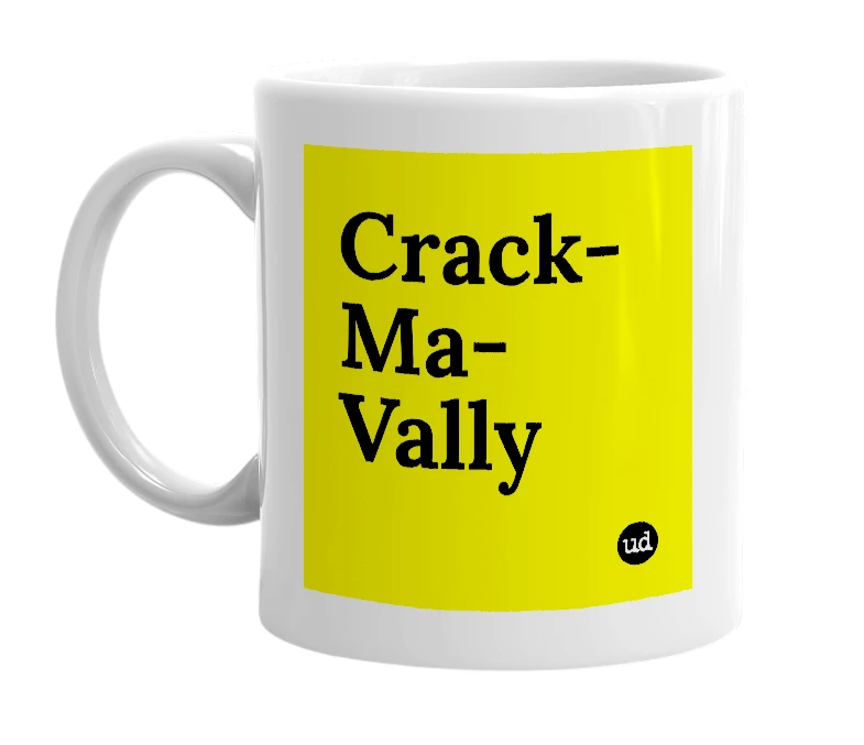 White mug with 'Crack-Ma-Vally' in bold black letters